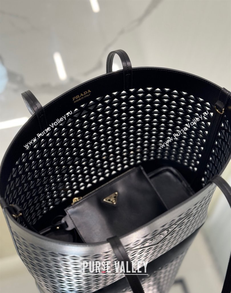 Prada Large perforated leather tote bag Black 2024 1BG503 (YZ-240524010)