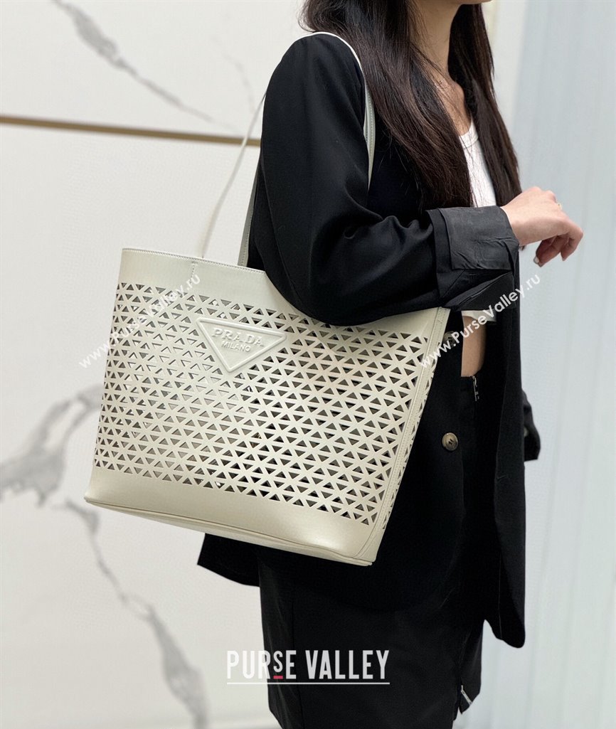 Prada Large perforated leather tote bag White 2024 1BG503 (YZ-240524011)