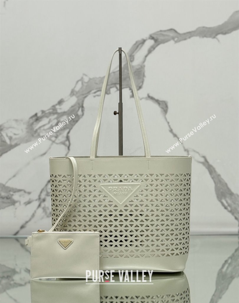 Prada Large perforated leather tote bag White 2024 1BG503 (YZ-240524011)