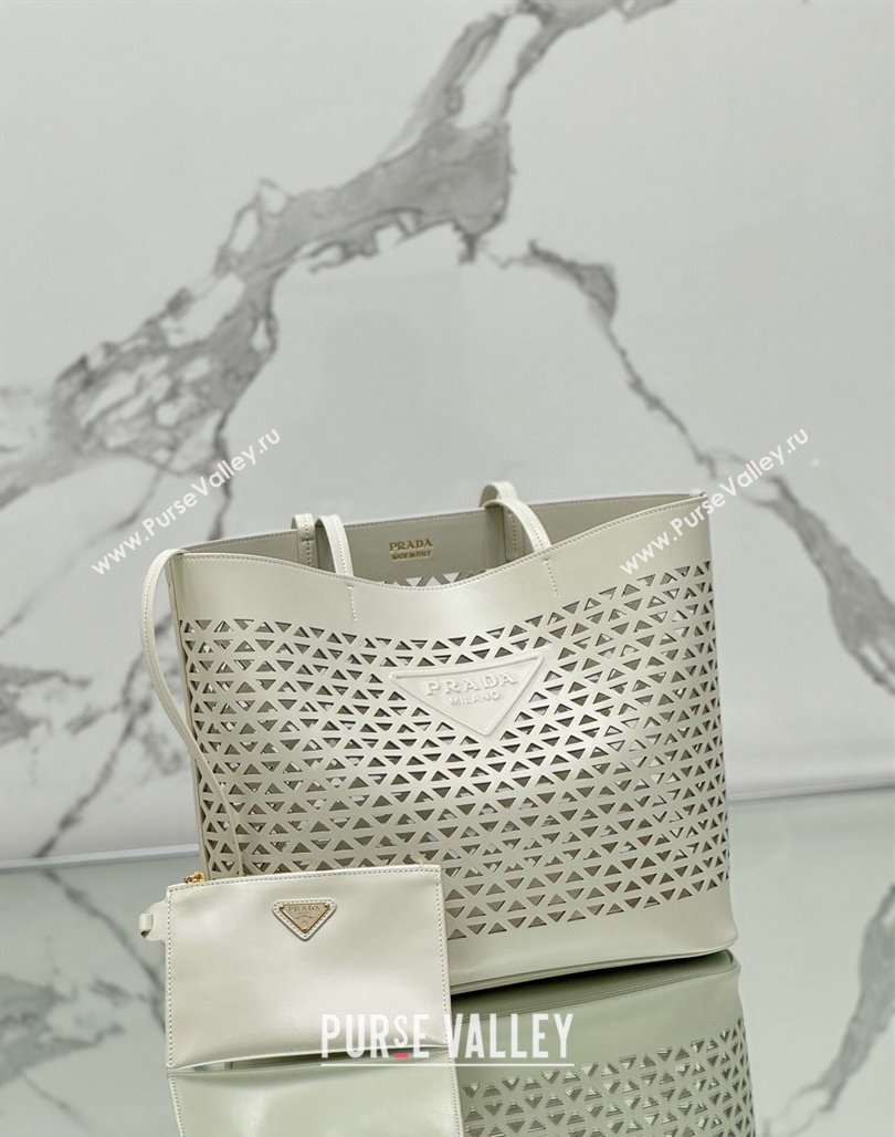 Prada Large perforated leather tote bag White 2024 1BG503 (YZ-240524011)