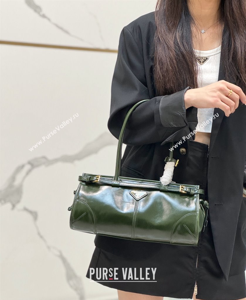Prada Bonnie Medium shiny leather handbag 1BA426 Dark Green 2024 (YZ-250521047)