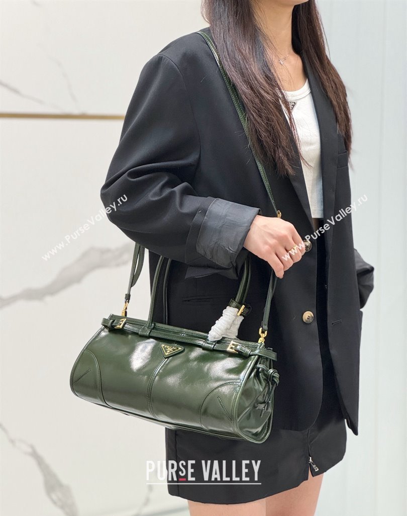 Prada Bonnie Medium shiny leather handbag 1BA426 Dark Green 2024 (YZ-250521047)