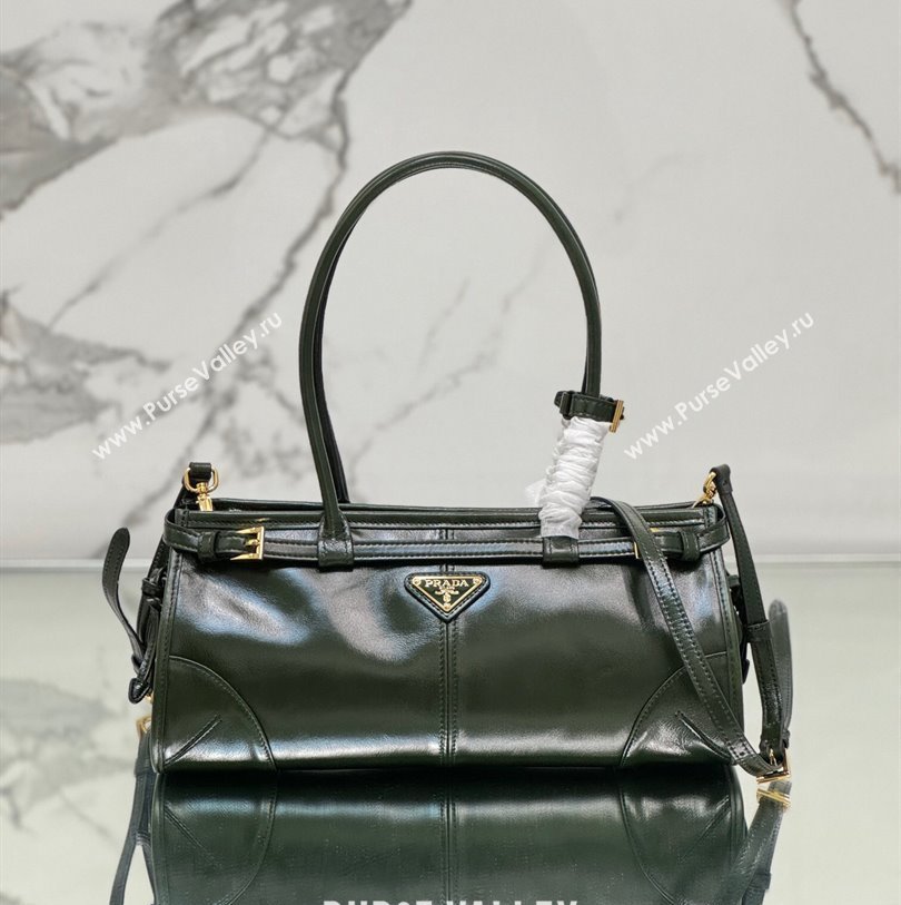 Prada Bonnie Medium shiny leather handbag 1BA426 Dark Green 2024 (YZ-250521047)