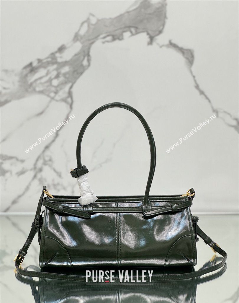 Prada Bonnie Medium shiny leather handbag 1BA426 Dark Green 2024 (YZ-250521047)