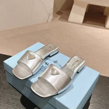 Prada Saffiano Leather Flat Slides Sandal Silver 2024 061101 (MD-240611079)