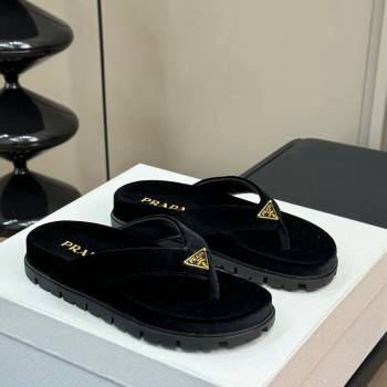 Prada Velvet Flat Thong Slides Sandal Black 2024 0611 (KL-240611094)