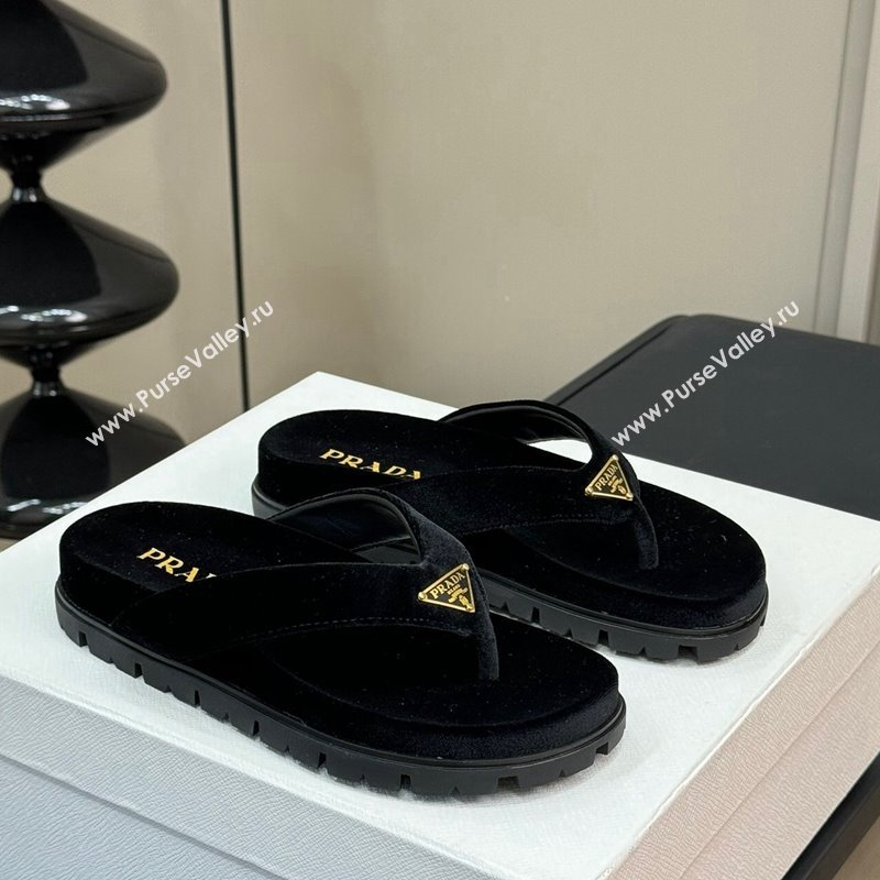 Prada Velvet Flat Thong Slides Sandal Black 2024 0611 (KL-240611094)