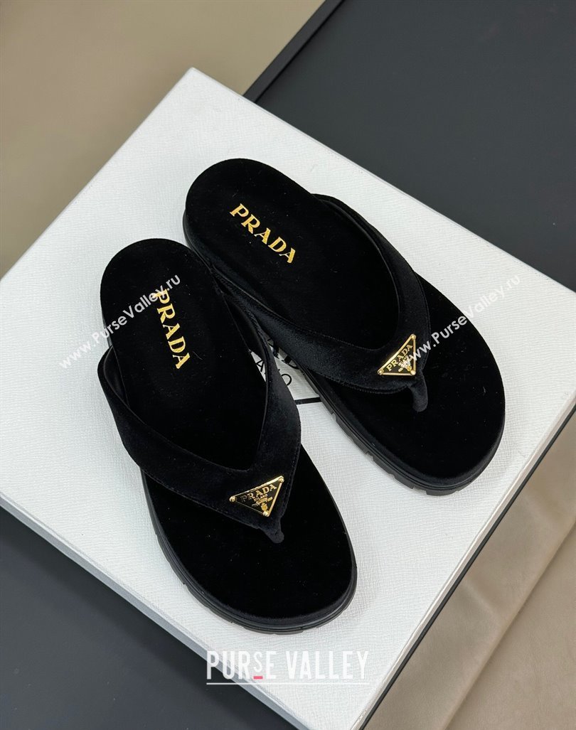 Prada Velvet Flat Thong Slides Sandal Black 2024 0611 (KL-240611094)