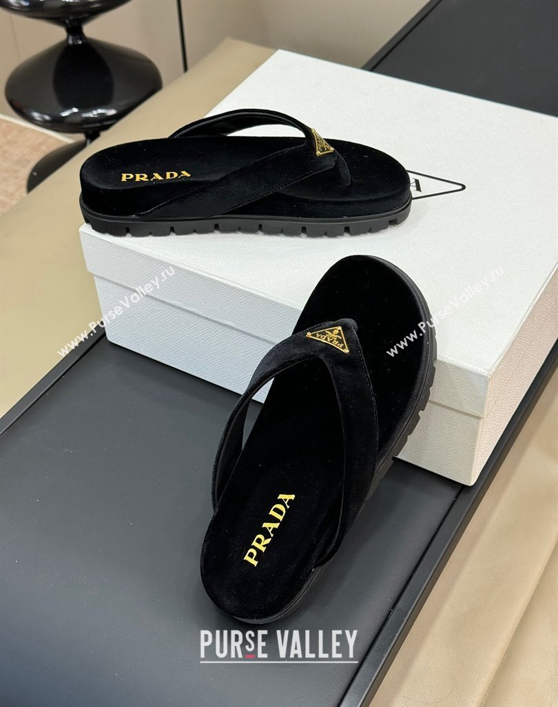 Prada Velvet Flat Thong Slides Sandal Black 2024 0611 (KL-240611094)