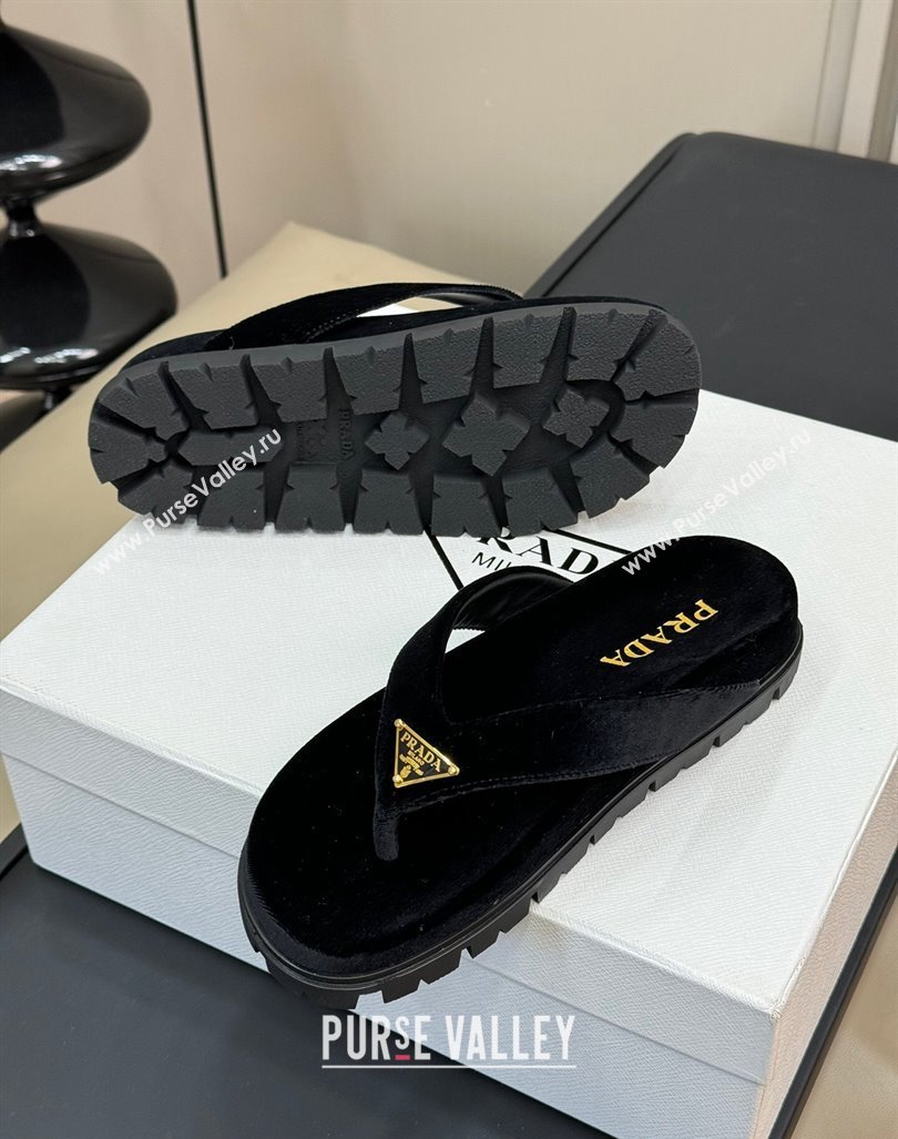 Prada Velvet Flat Thong Slides Sandal Black 2024 0611 (KL-240611094)