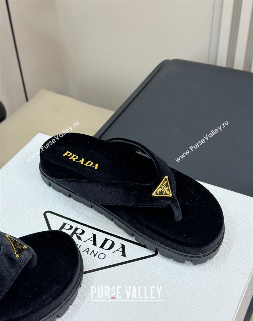 Prada Velvet Flat Thong Slides Sandal Black 2024 0611 (KL-240611094)