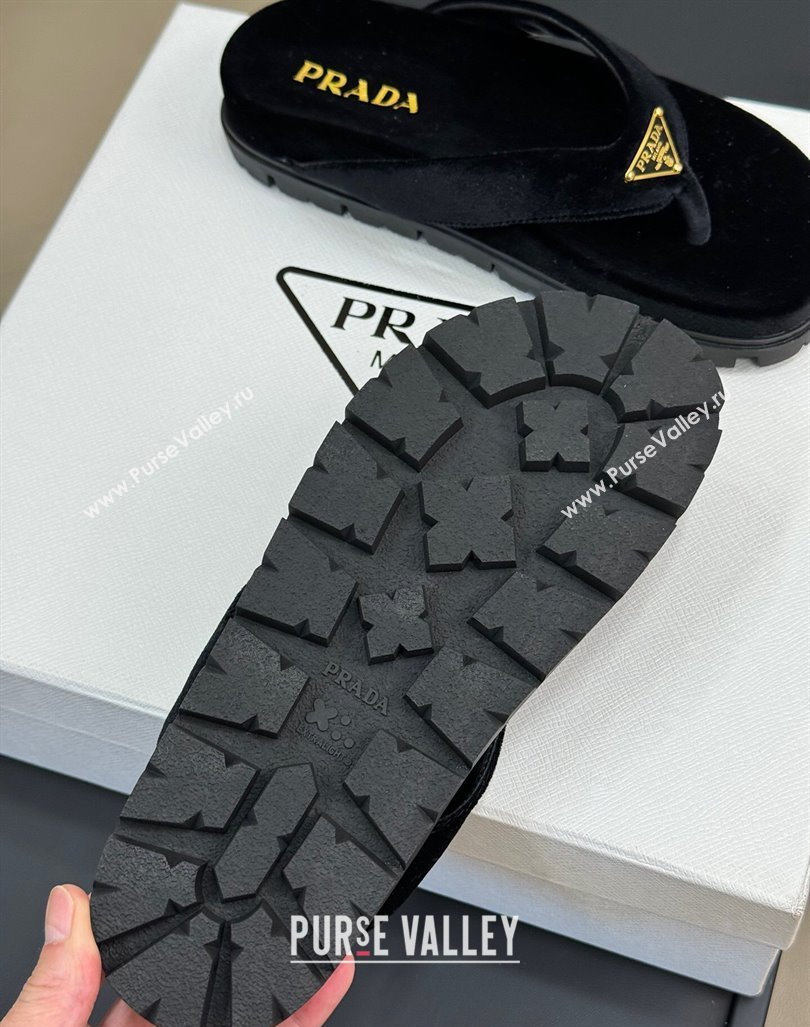 Prada Velvet Flat Thong Slides Sandal Black 2024 0611 (KL-240611094)