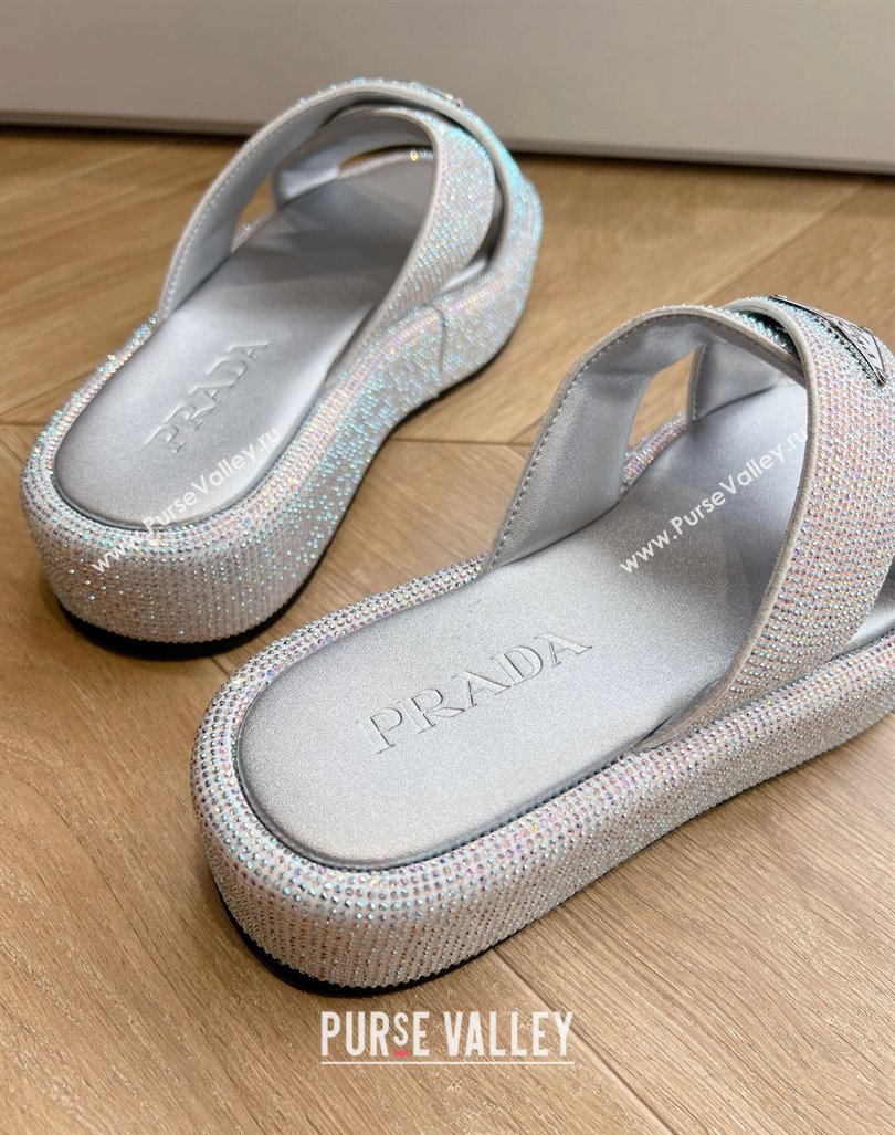 Prada Strass Platform Slides Sandal with Cross Strap Silver 2024 G199 (KL-240611103)