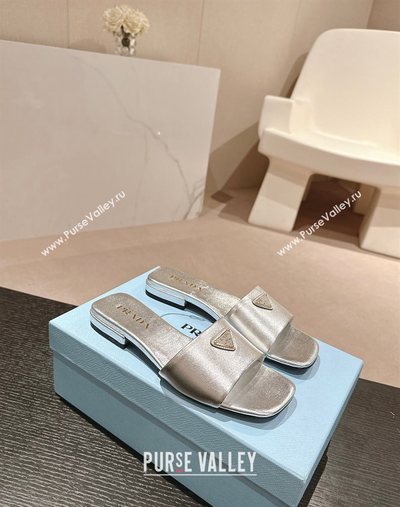 Prada Saffiano Leather Flat Slides Sandal Silver 2024 061101 (MD-240611079)