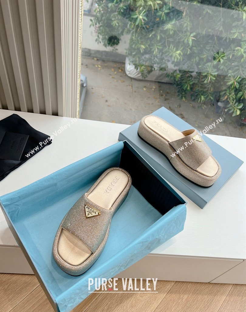 Prada Strass Platform Slides Sandal with Wide Strap Gold 2024 G199 (KL-240611106)