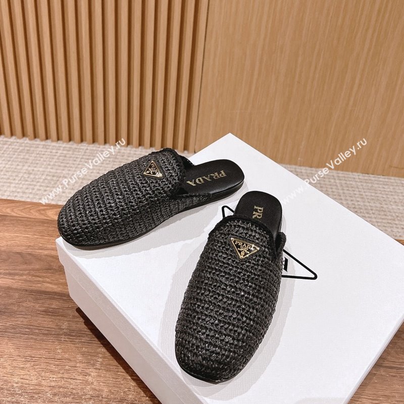 Prada Crochet Raffia Straw Flat Mules Black 2024 061101 (KL-240611108)