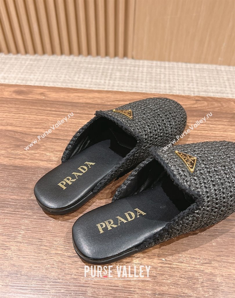 Prada Crochet Raffia Straw Flat Mules Black 2024 061101 (KL-240611108)