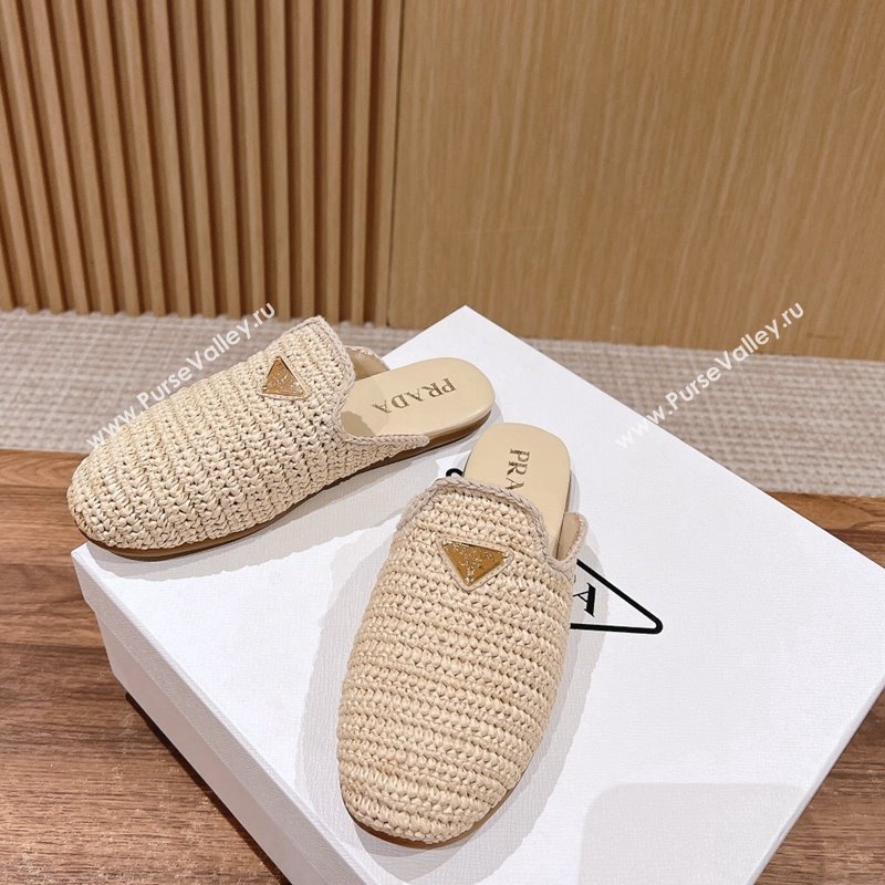 Prada Crochet Raffia Straw Flat Mules Beige 2024 061101 (KL-240611109)