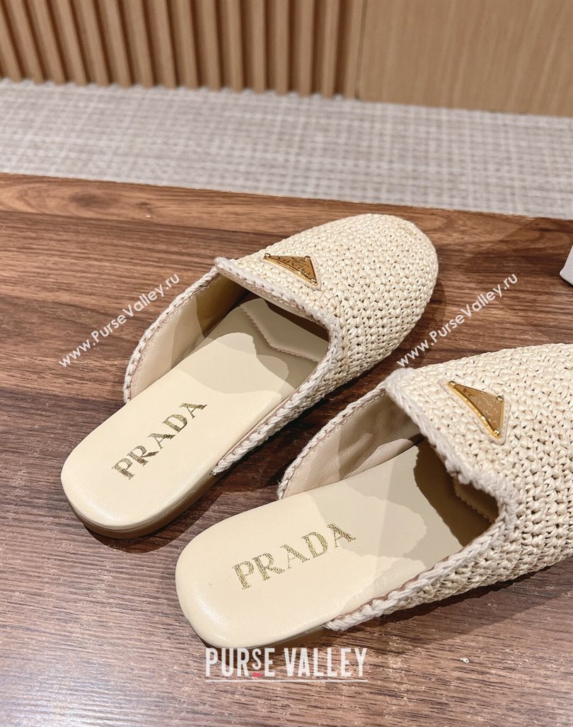 Prada Crochet Raffia Straw Flat Mules Beige 2024 061101 (KL-240611109)