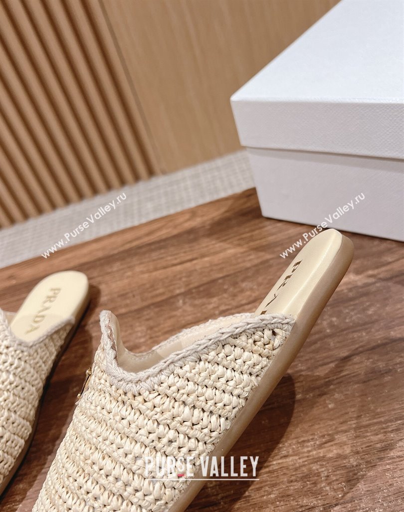 Prada Crochet Raffia Straw Flat Mules Beige 2024 061101 (KL-240611109)