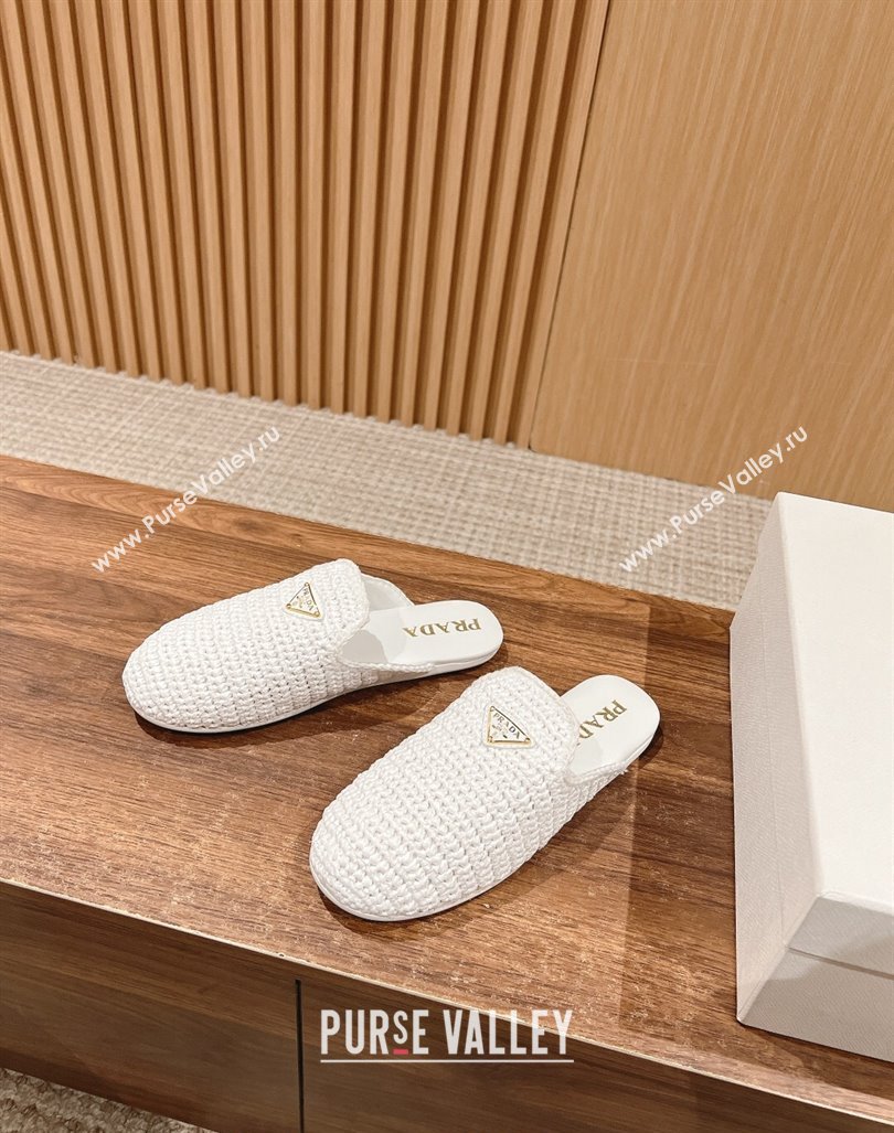 Prada Crochet Raffia Straw Flat Mules White 2024 061101 (KL-240611110)