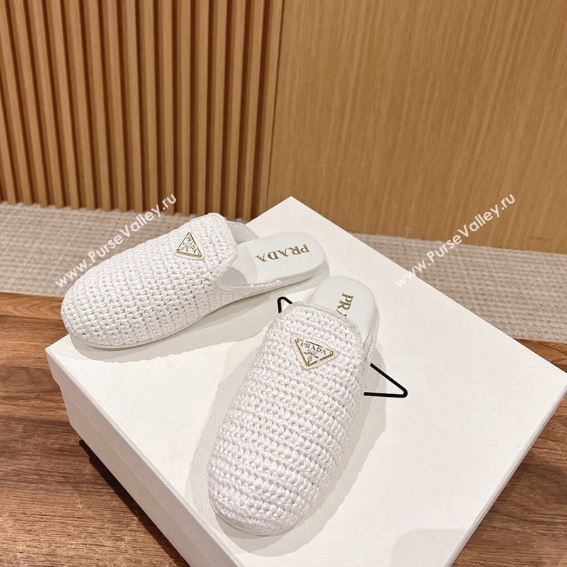 Prada Crochet Raffia Straw Flat Mules White 2024 061101 (KL-240611110)