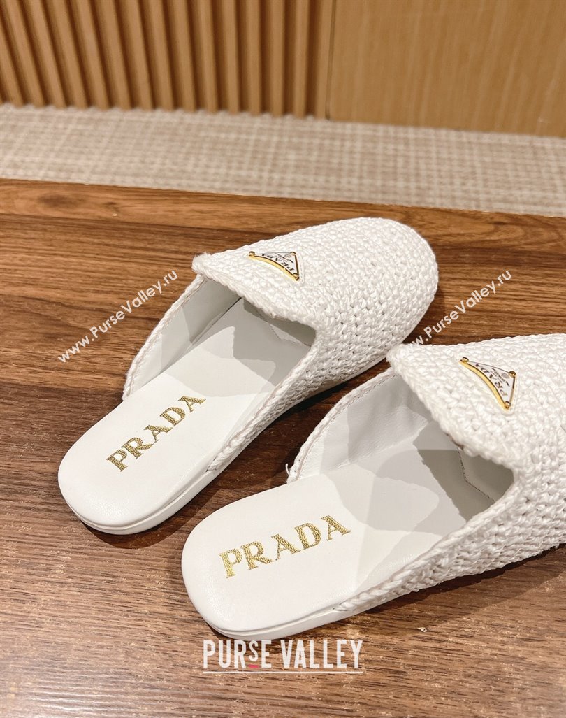 Prada Crochet Raffia Straw Flat Mules White 2024 061101 (KL-240611110)