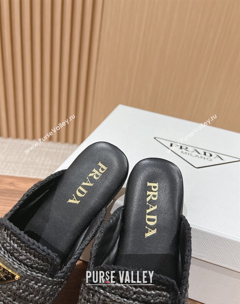 Prada Crochet Raffia Straw Flat Mules Black 2024 061102 (KL-240611111)