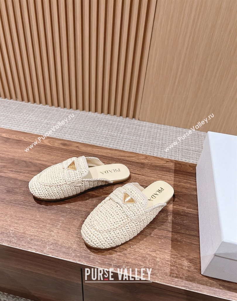 Prada Crochet Raffia Straw Flat Mules Beige 2024 061102 (KL-240611112)