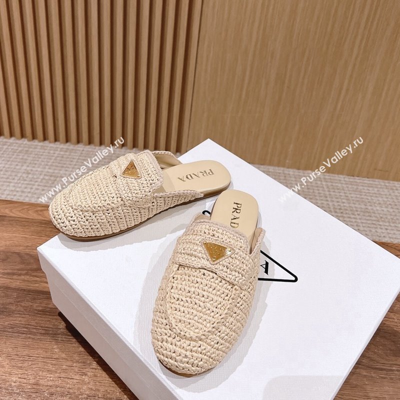 Prada Crochet Raffia Straw Flat Mules Beige 2024 061102 (KL-240611112)