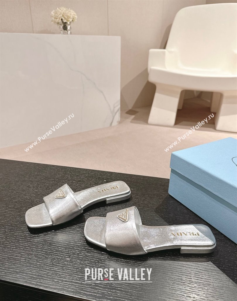 Prada Saffiano Leather Flat Slides Sandal Silver 2024 061101 (MD-240611079)