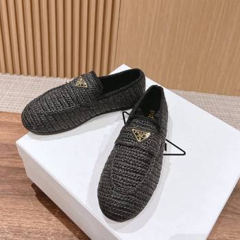 Prada Crochet Raffia Straw Flat Loafers Black 0611 (KL-240611115)