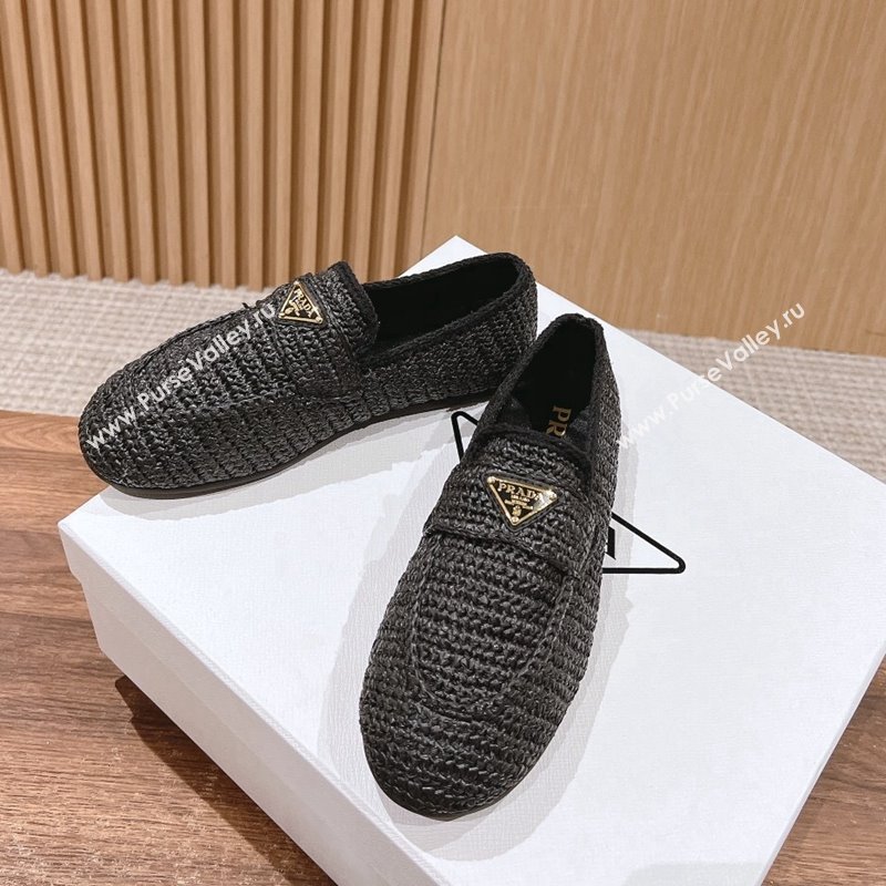 Prada Crochet Raffia Straw Flat Loafers Black 0611 (KL-240611115)