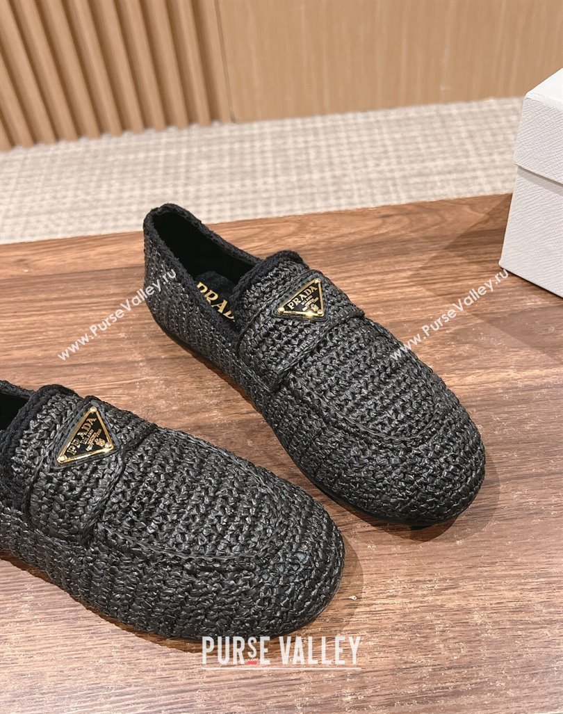 Prada Crochet Raffia Straw Flat Loafers Black 0611 (KL-240611115)