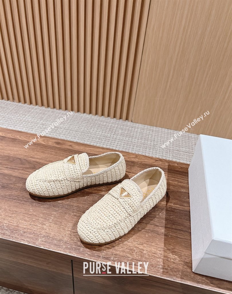 Prada Crochet Raffia Straw Flat Loafers Beige 2024 0611 (KL-240611116)