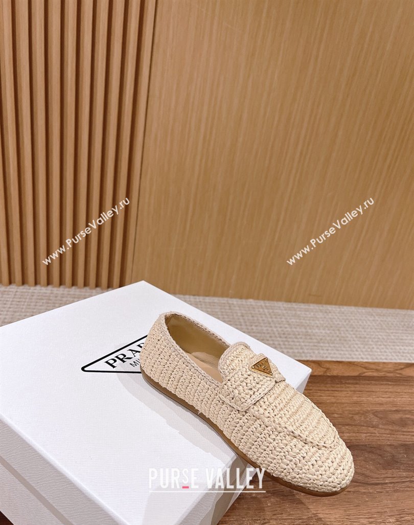 Prada Crochet Raffia Straw Flat Loafers Beige 2024 0611 (KL-240611116)