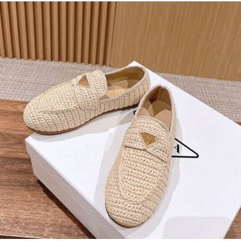 Prada Crochet Raffia Straw Flat Loafers Beige 2024 0611 (KL-240611116)