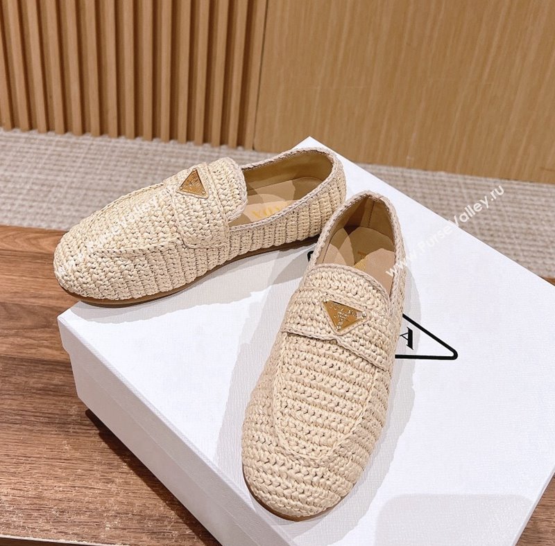 Prada Crochet Raffia Straw Flat Loafers Beige 2024 0611 (KL-240611116)