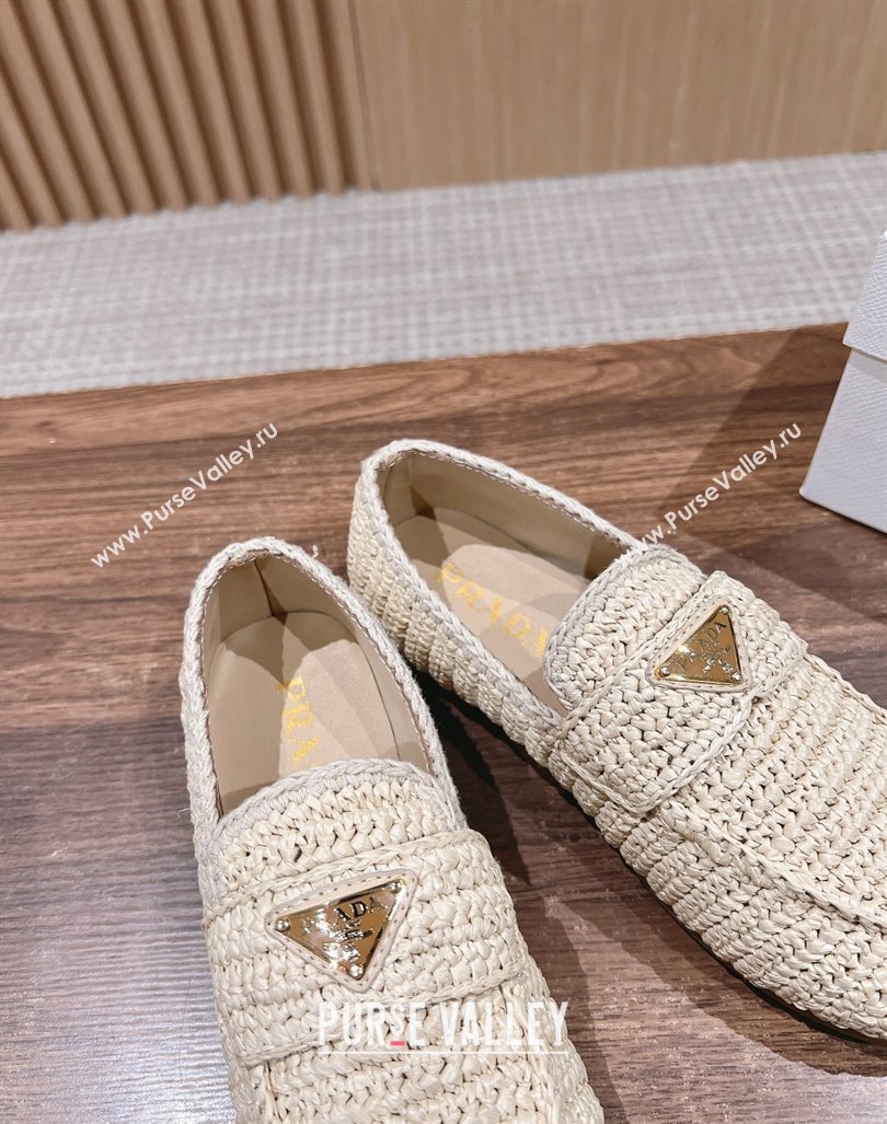 Prada Crochet Raffia Straw Flat Loafers Beige 2024 0611 (KL-240611116)