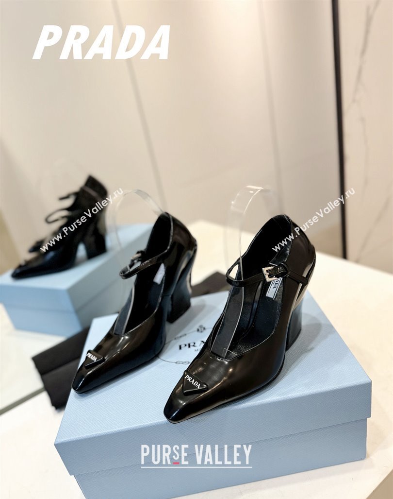 Prada Two-Tone Brushed leather Mary Janes Pumps 8.5cm Black 2024 0611 (KL-240611125)