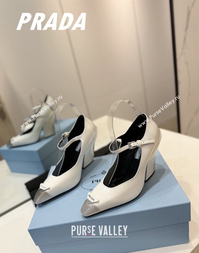 Prada Two-Tone Brushed leather Mary Janes Pumps 8.5cm White 2024 0611 (KL-240611126)