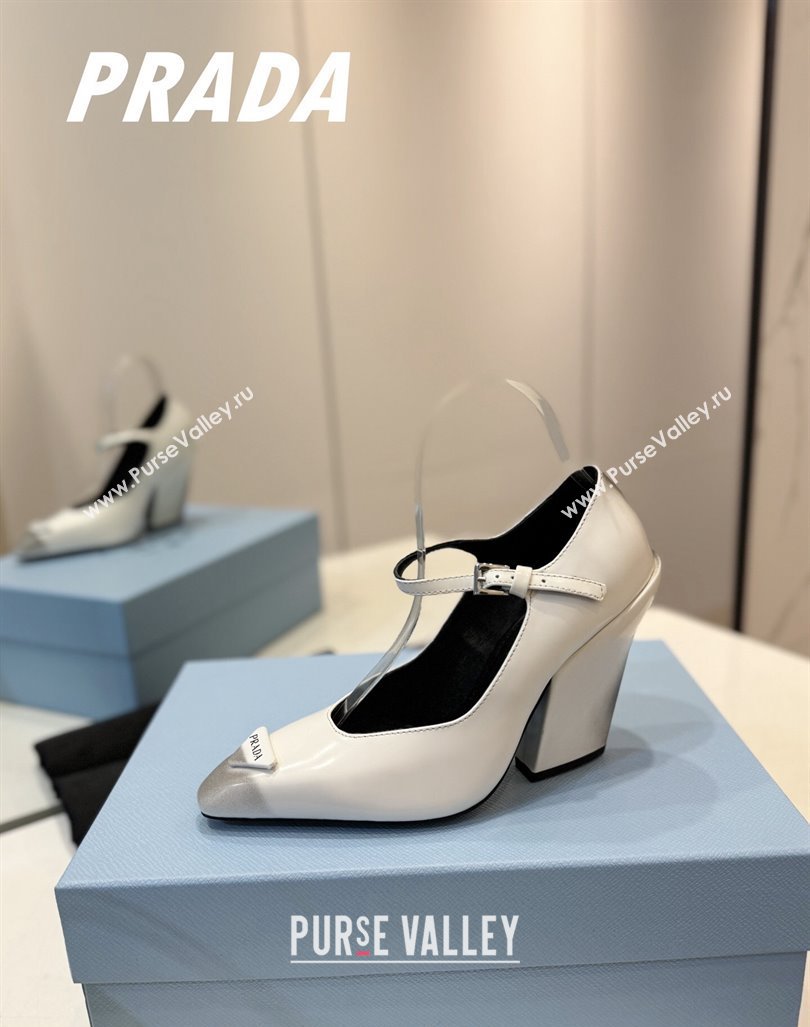 Prada Two-Tone Brushed leather Mary Janes Pumps 8.5cm White 2024 0611 (KL-240611126)