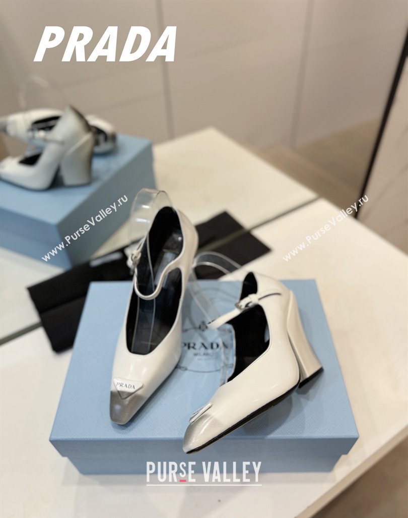 Prada Two-Tone Brushed leather Mary Janes Pumps 8.5cm White 2024 0611 (KL-240611126)