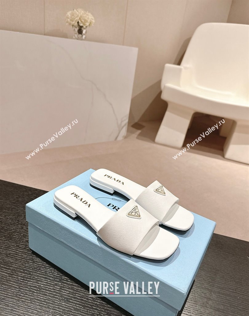 Prada Saffiano Leather Flat Slides Sandal White 2024 061101 (MD-240611085)