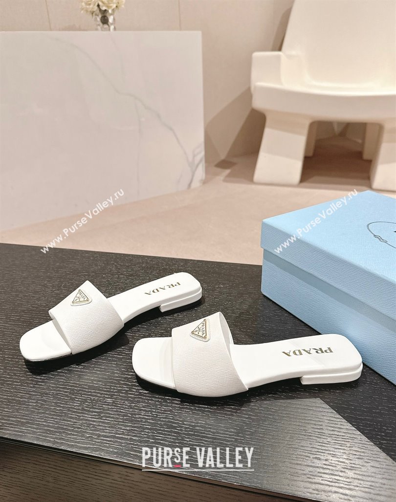 Prada Saffiano Leather Flat Slides Sandal White 2024 061101 (MD-240611085)