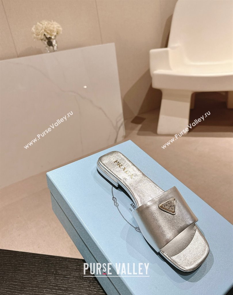 Prada Saffiano Leather Flat Slides Sandal Silver 2024 061101 (MD-240611079)