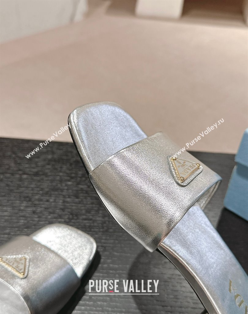 Prada Saffiano Leather Flat Slides Sandal Silver 2024 061101 (MD-240611079)