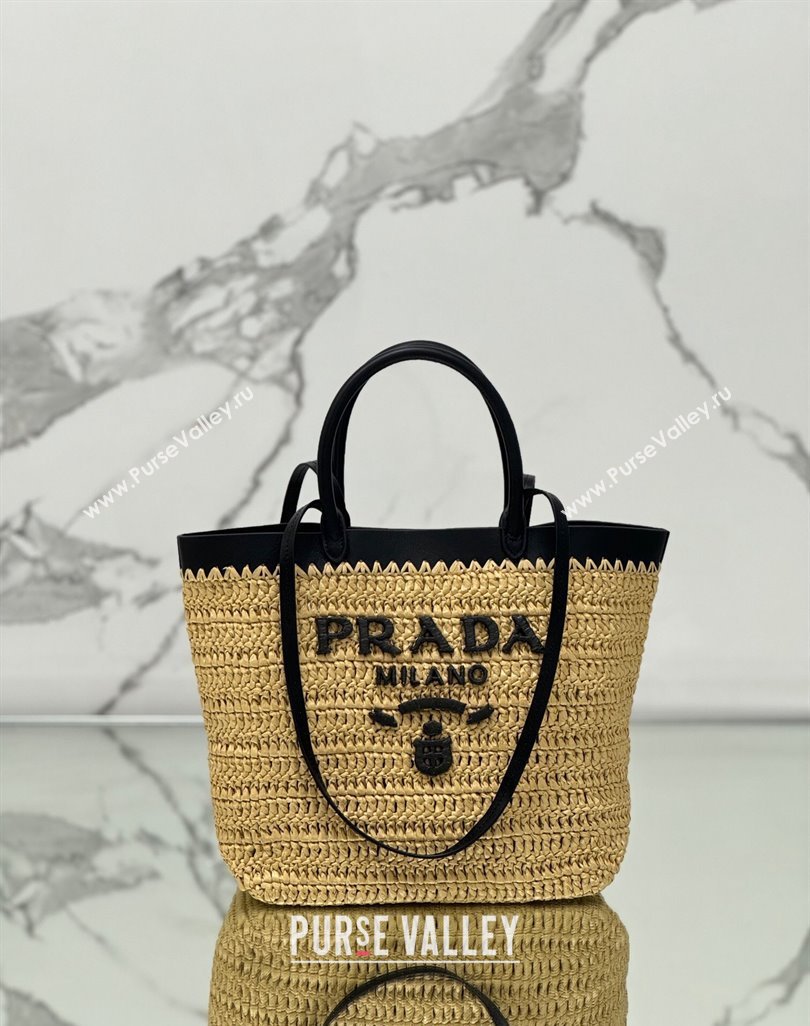 Prada Small crochet straw and leather tote bag Dark Beige/Black 2024 1BG500 (YZ-240624044)