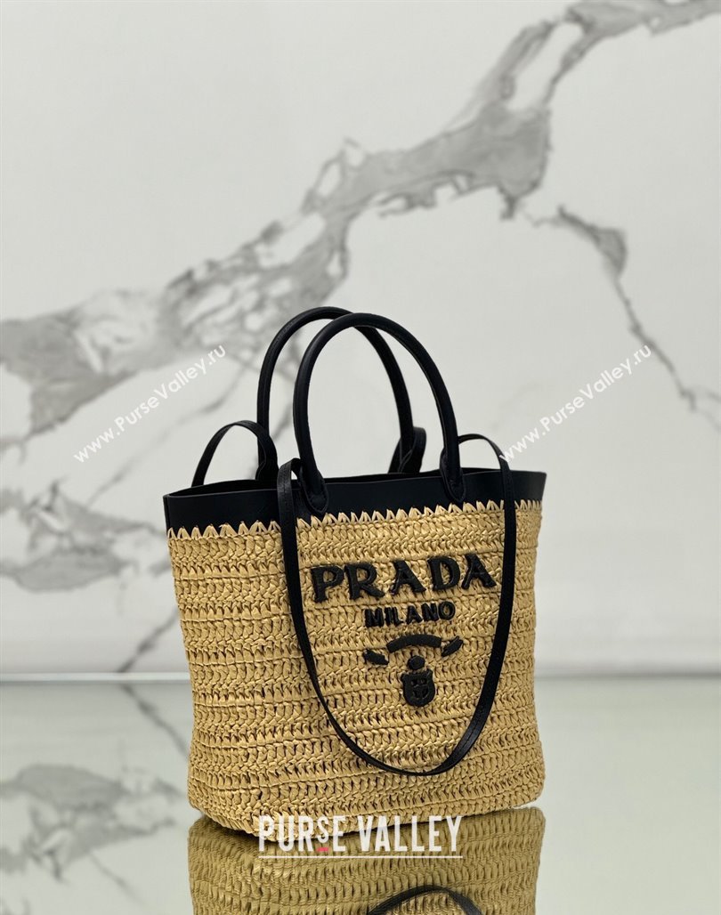 Prada Small crochet straw and leather tote bag Dark Beige/Black 2024 1BG500 (YZ-240624044)