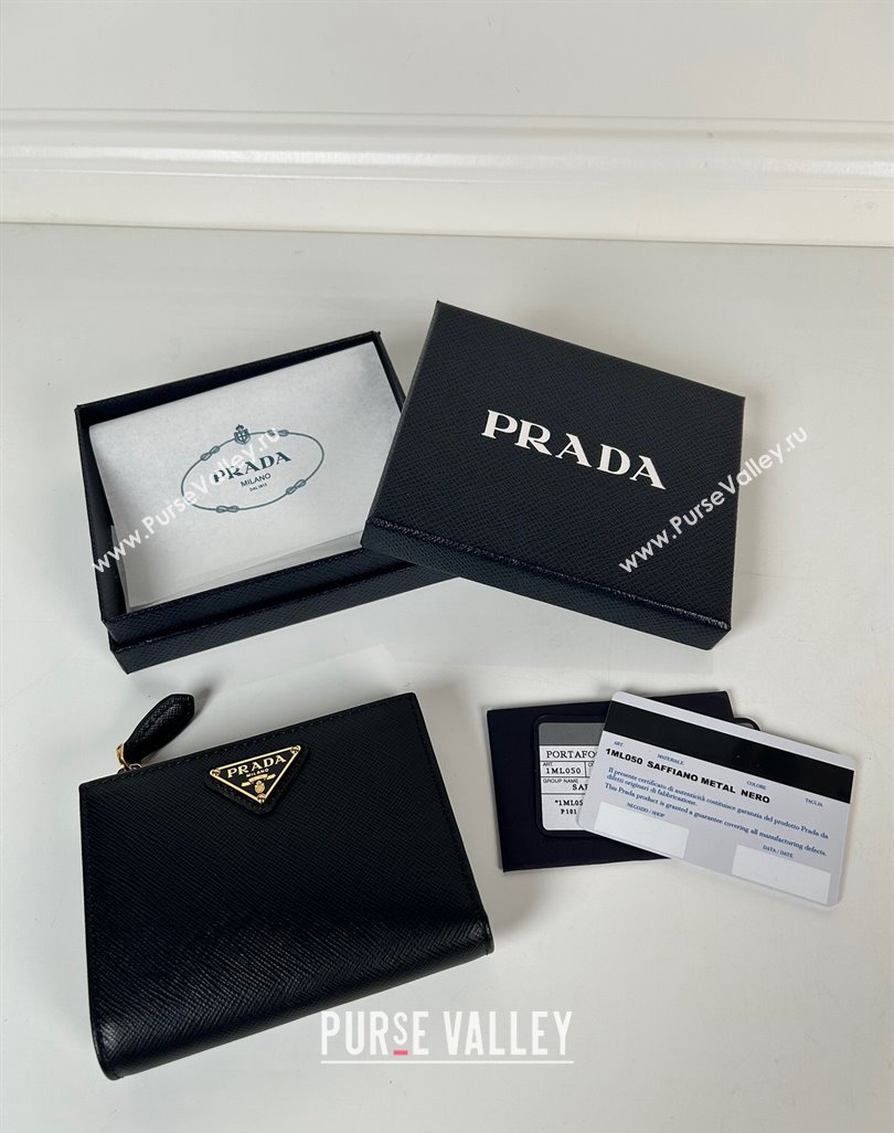 Prada Small Saffiano leather wallet Black/Gold Tiangle 2024 1ML050 (YZ-240624061)